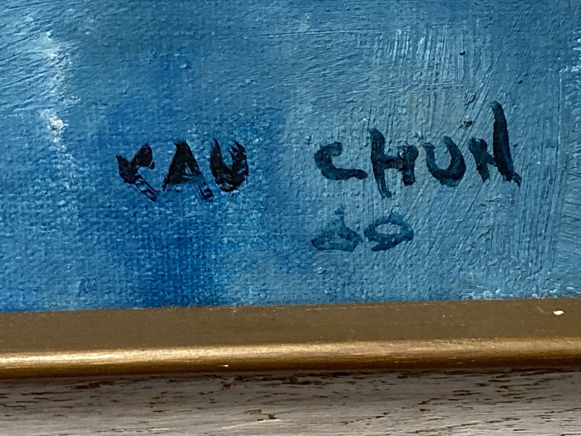 Kau Chun, oil on canvas, Figures in a stylised landscape, signed, 60 x 91cm